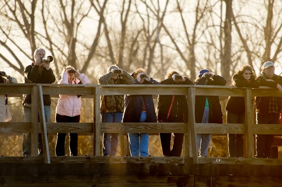 Crane watching on the hike bike bridge at Fort Kearny State Park in Kearney, Nebraska